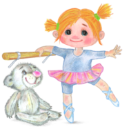 A little girl is doing ballet. Near her favorite teddy bear. Illustration for children's book, cartoon. png