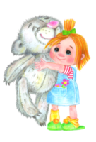 A little girl hugs a teddy bear. The girl and the teddy bear are happy. Pencil drawing. Illustration for children's book and children's creativity. png