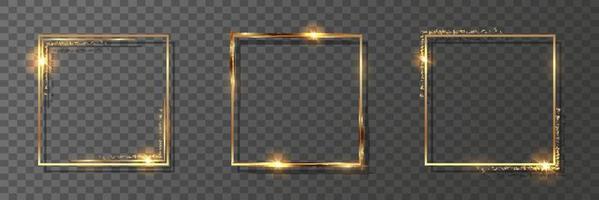 Three square golden decorative frames. Set of shiny gold borders. Vector illustration.