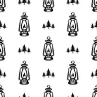 pattern seamless of lantern and pines tree in style vintage, retro, engraved. - vector illustrations