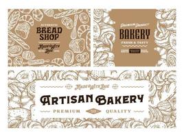 Vintage bakery banners with hand-drawn bakery products. Bread and bakery illustrations, vector food icons