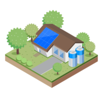 Solar cell panel, sun power, house, electricity, battery, clean energy, ecology, isometric illustration and electric plug in png