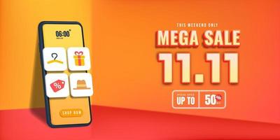 3D 11 11 Mega Sale Poster or banner with Smartphone and spotlight background.11 november sales