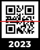 Real QR code 2023 numbers with red scan line. Happy New Year with covid vaccination barcode concept design template. Vector eps illustration for banner, poster, greeting card, invitation