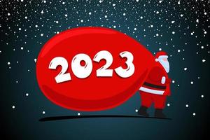Santa Claus cartoon character coming and carries large heavy gifts red bag. Christmas and Happy New year 2023 holiday greeting card. Vector eps celebration calendar poster illustration