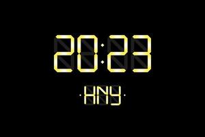 Happy New Year xmas holiday card with digital lcd electronic display clock number 2023 and HNY gold letters on black background. Merry Christmas celebration greeting calendar vector eps illustration