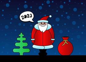 Cute cartoon funny kawaii Santa Claus character for Christmas and Happy New year 2023 celebration. Gift bag spruce and snow at night sweet winter holiday greeting card. Vector eps illustration