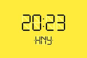 Happy New Year xmas holiday card with digital lcd electronic display clock number 2023 and HNY black letters on yellow background. Merry Christmas celebration greeting calendar vector eps illustration