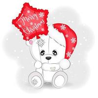 Cute polar bear with a balloon for Christmas, vector Christmas illustration