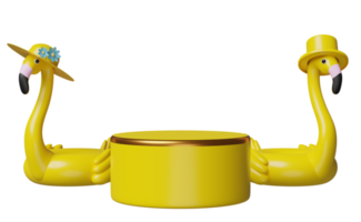 pódio de estágio de cilindro amarelo vazio com flamingo inflável, chapéu isolado. conceito de venda de verão de compras, ilustração 3d ou renderização 3d png
