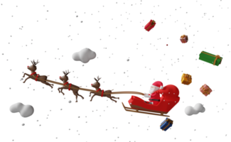 santa claus rider ren släde med hus, gåva låda, snö, jul träd isolerat. hemsida eller affisch eller lycka kort, baner och festlig ny år, 3d illustration, 3d framställa png