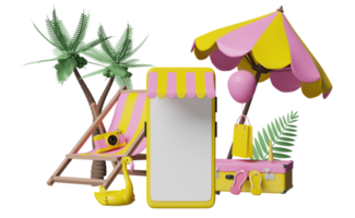 Handy, Smartphone-Ladenfront mit Koffer, Strandkorb, aufblasbarer Flamingo, Palmblatt, Einkaufstüten aus Papier, Regenschirm, Online-Shopping-Sommerverkaufskonzept, 3D-Illustration oder 3D-Rendering png
