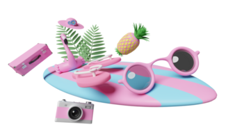 voyage d'été avec valise rose, lunettes de soleil, planche de surf, flamant rose gonflable, palmier, sandales, chapeau, appareil photo isolé. concept illustration 3d ou rendu 3d png