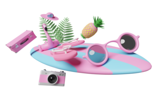 sommerreise mit rosa koffer, sonnenbrille, surfbrett, aufblasbarem flamingo, palme, sandalen, hut, kamera isoliert. konzept 3d-illustration oder 3d-rendering png