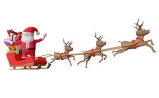 Papai Noel monta trenó de renas com caixa de presente isolada. site ou cartaz ou cartões de felicidade, banner e ano novo festivo, ilustração 3d, renderização 3d png