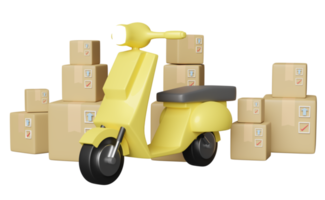 entrega en línea o concepto de seguimiento de pedidos en línea, envío rápido de paquetes con scooter y caja de mercancías aislada. ilustración 3d o renderizado 3d png