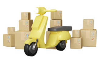 livraison en ligne ou concept de suivi des commandes en ligne, expédition rapide de colis avec scooter et boîte de marchandises isolées. illustration 3d ou rendu 3d png