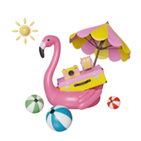 aufblasbarer flamingo mit strand, gelber koffer, kamera, stuhl, regenschirm, sonne lokalisiert. sommerreisekonzept, 3d-illustration oder 3d-rendering