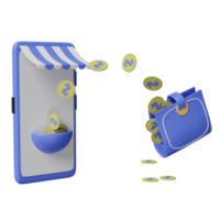 portemonnee en mobiel telefoon of smartphone met op te slaan voorkant, munten besparing geld concept geïsoleerd. 3d illustratie of 3d geven png