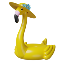 flamingo inflável amarelo com chapéu e espaço de cópia isolado. conceito de viagens de verão, ilustração 3d, renderização 3d png