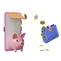 devanture de magasin de téléphone portable ou de smartphone avec portefeuille, tirelire, concept d'économie d'argent isolé. illustration 3d ou rendu 3d png