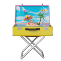 zomer reizen met veld- stoel, geel koffer, strand stoel, eiland, camera, paraplu, opblaasbaar flamingo, palm, sandalen, vlak, wolk geïsoleerd. concept 3d illustratie, 3d geven png