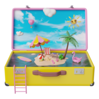 voyage d'été avec valise jaune, chaise de plage, île, appareil photo, parapluie, flamant gonflable, cocotier, sandales, avion, nuage isolé. concept illustration 3d, rendu 3d png