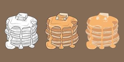 three style vector pancakes with butter and maple syrup or honey.