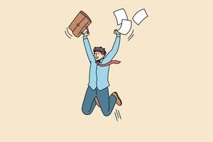 Overjoyed guy student jump with paperwork excited with high exam mark or test pass. Smiling man employee triumph get promotion news from work. Success, achievement concept. Vector illustration.