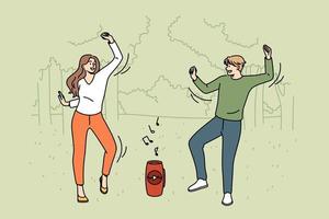 Having fun and entertainment concept. Young smiling couple cartoon characters dancing together with music from column having fun in park vector illustration