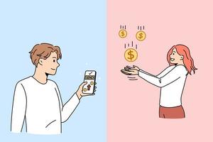 Man send money from smartphone to female colleague or coworker. Male employer make contactless cash or currency transaction to woman on internet. Easy banking concept. Vector illustration.