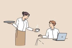 Smiling waitress serving coffee to male client in coffeeshop. Happy guy customer sit indoors in coffee shop get hot cappuccino drink from barista. Good quality service concept. Vector illustration.