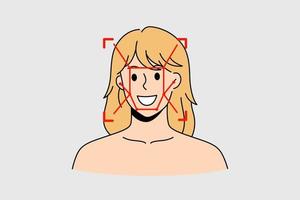 Headshot portrait of smiling young Caucasian woman with farm on face use emotion detection app. Happy girl usage of application on modern smartphone camera. Technology. Vector illustration.