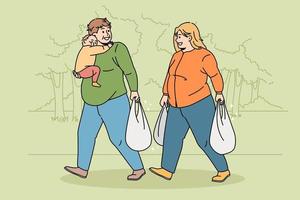 Obese family with child shopping carrying bags with products. Fat overweight parents with small kid buy food meal, suffer from eating disorder. Bad habits, dieting and wellness. Vector illustration.