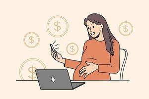 Pregnant businesswoman work online on laptop multitask with smartphone on maternity leave. Female employee future mom trade on internet earning money on web. Vector illustration.