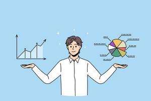 Smiling businessman consider graph and chart, make financial market analysis. Happy male employee or worker analyze finances statistics and research. Business plan concept. Vector illustration.