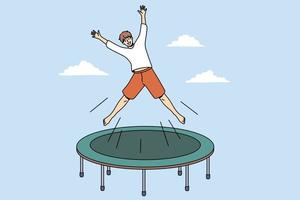 Summer activity and leisure concept. Smiling excited boy cartoon character jumping on trampoline outdoors feeling playful vector illustration