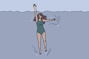 Anxious young woman panic drowning in water on summer vacation. Worried stressed girl ask beg for help go underwater on holiday resort. Marine activity and danger concept. Vector illustration.