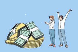Happy people feel excited euphoric with money dividend from good successful investment. Smiling workers satisfied with salary or wage increase. Financial win or victory. Finance. Vector illustration.