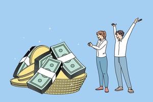 Happy people feel excited euphoric with money dividend from good successful investment. Smiling workers satisfied with salary or wage increase. Financial win or victory. Finance. Vector illustration.