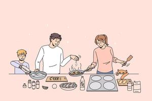 Happy family with small son cooking breakfast together in cozy kitchen. Smiling parents have fun preparing food with child enjoy leisure weekend at home. Unity and bonding. Flat vector illustration.