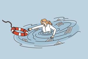 Business crisis and helping hand concept. Stressed business woman drowning in water of her business trying to reach for lifebuoy vector illustration