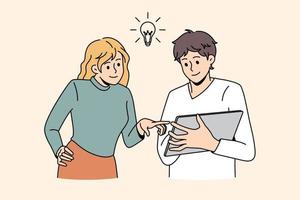 Motivated diverse employees use tablet brainstorm develop business strategy or plan together. Smiling man and woman generate business idea online on pad. Teamwork concept. Vector illustration.