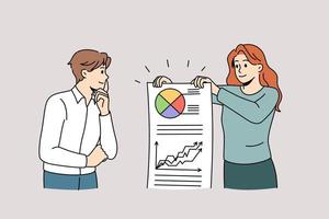 Teamwork and business development concept. Young woman worker standing and showing to her colleague presentation with successful diagram chart vector illustration