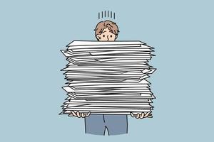 Stressed male employee with stack of paperwork overwhelmed with workload in company. Exhausted man worker tired with paper documents job. Bureaucracy, overwork. Vector illustration.