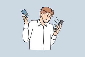 Excited young man shopping online on smartphone with credit or debit card. Smiling guy make purchase pay bills on internet on cellphone using web banking app. Flat vector illustration.