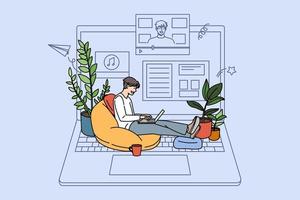 Man sit real on huge laptop watch online tutorial on gadget. Guy study on internet have webinar class or seminar. Blogging and broadcast. Distant education concept. Vector illustration.