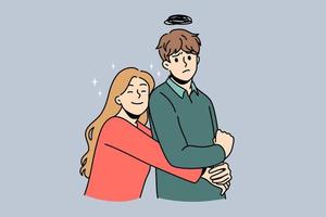 Unequal relations and feelings concept. Young couple standing she is loving embracing depressed and frustrated man vector illustration
