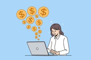 Happy successful businesswoman work online on laptop receive good financial income from web trading. Smiling woman freelancer get paid in internet, get dividend from investment. Vector illustration.