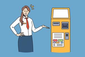 representante bancario y concepto de tecnologías. mujer sonriente joven que trabaja en el banco de pie y apuntando a la ilustración de vector de máquina atm